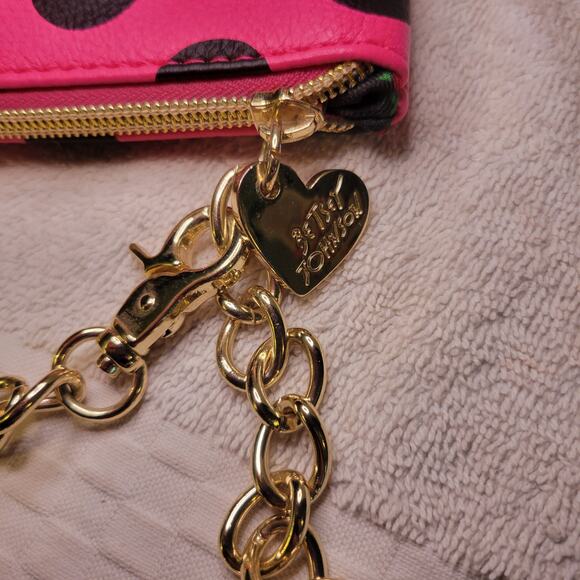Betsey Johnson Pink Black Polka Dot Clutch Bag Faux Leather Gold Tone Wristlet - Picture 6 of 7